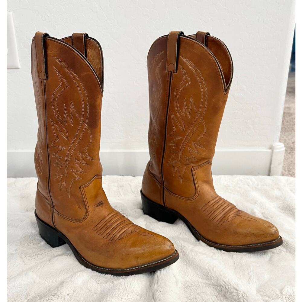 Vintage DOUBLE H Steel Toe Cowboy Boots Mens 7 - 7.5 Style 7445 Brown Roper HH